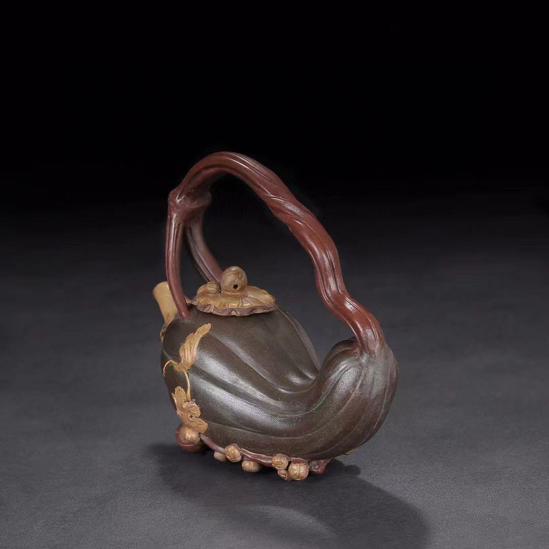 中国古美術・原鉱底槽清、紫砂泥、カボチャ提梁壺、汪寅仙紋 紫砂壺・急須