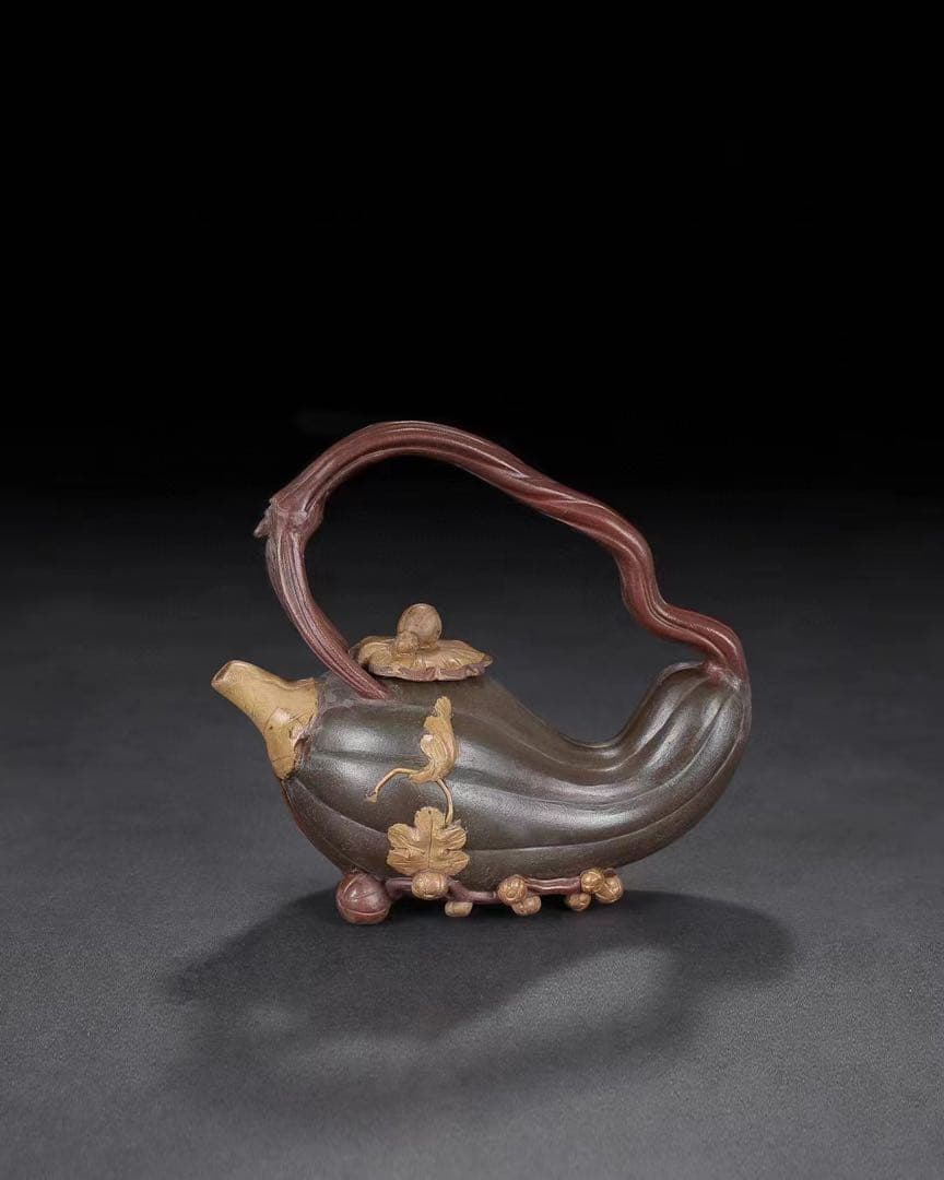 中国古美術・原鉱底槽清、紫砂泥、カボチャ提梁壺、汪寅仙紋 紫砂壺・急須