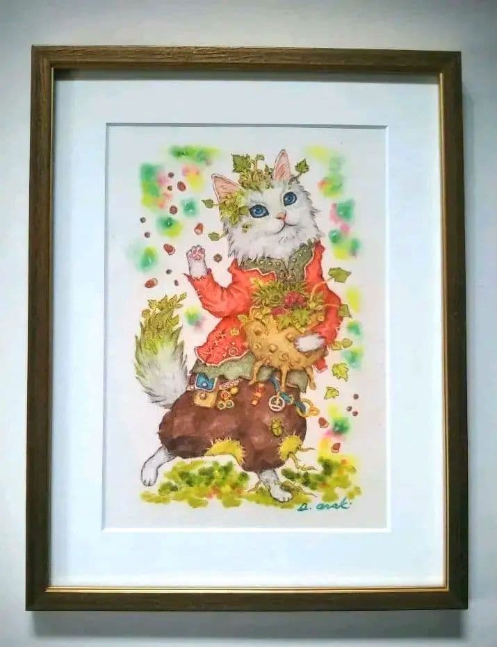 【原画】『種を蒔くカドゥケウス』（猫　植物　パステル画）
