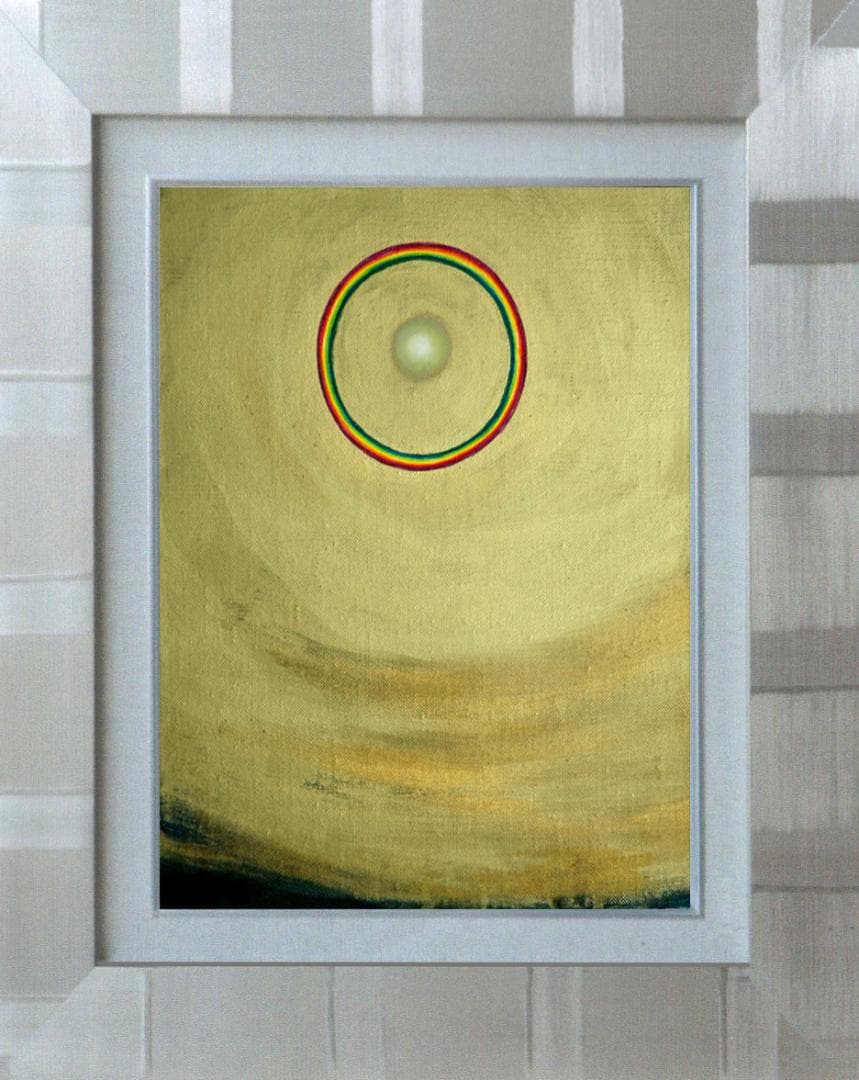 油絵 菅家令子 絵 絵画インテリア額付(青緑＋金色の枠)F3-G92023祈希望