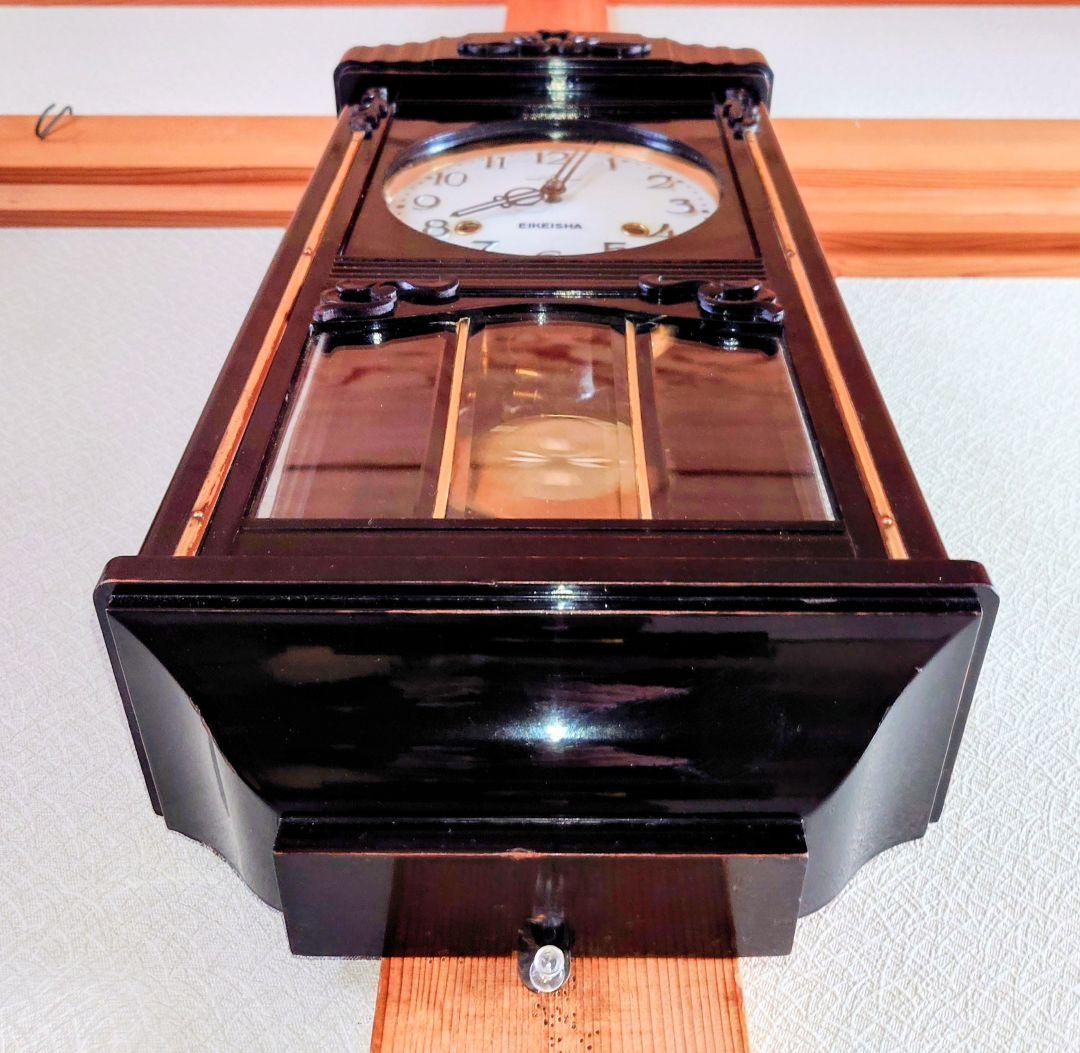 〈完動・美品〉栄計舎　黒漆塗りスリゲル宮型ゼンマイ振り子時計