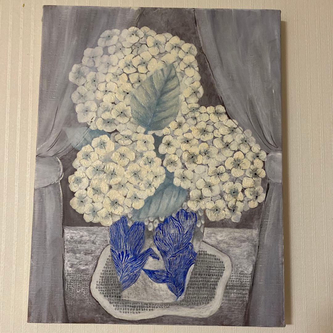 原画　油絵　白い紫陽花