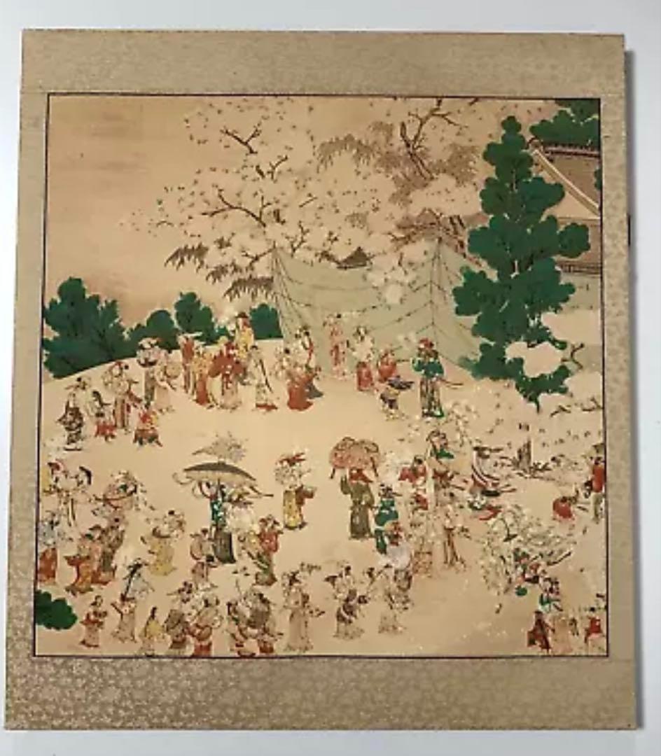 【額装美術品】桜花見図 日本画風額装 アンティーク 和風絵画 50x45 r