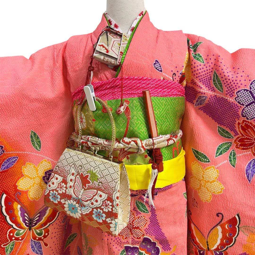 着物　七五三　7歳　女の子　13点　フルセット　ピンク　蝶　花　絞り風柄　刺繍