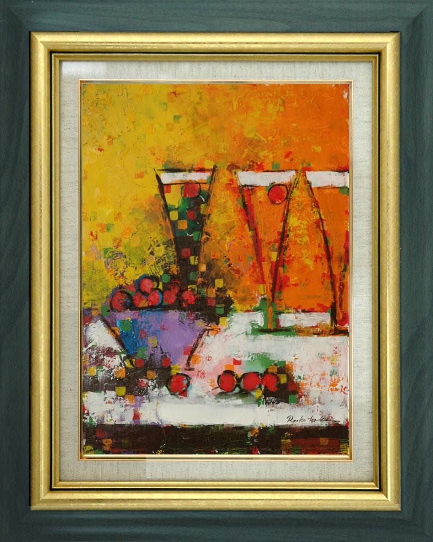 油絵 菅家令子絵 絵画インテリア額付(青緑＋金色の枠)uF6-062804ワイン