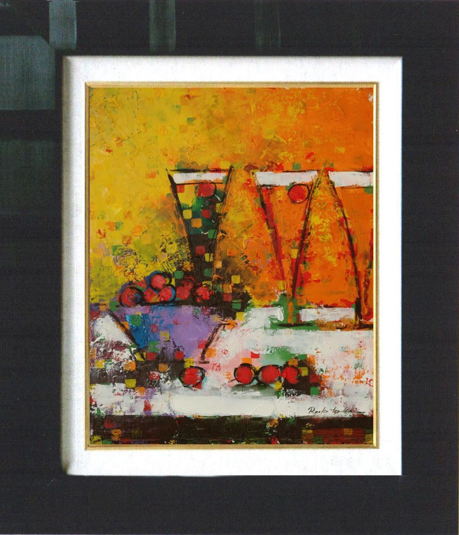 油絵 菅家令子絵 絵画インテリア額付(青緑＋金色の枠)uF6-062804ワイン