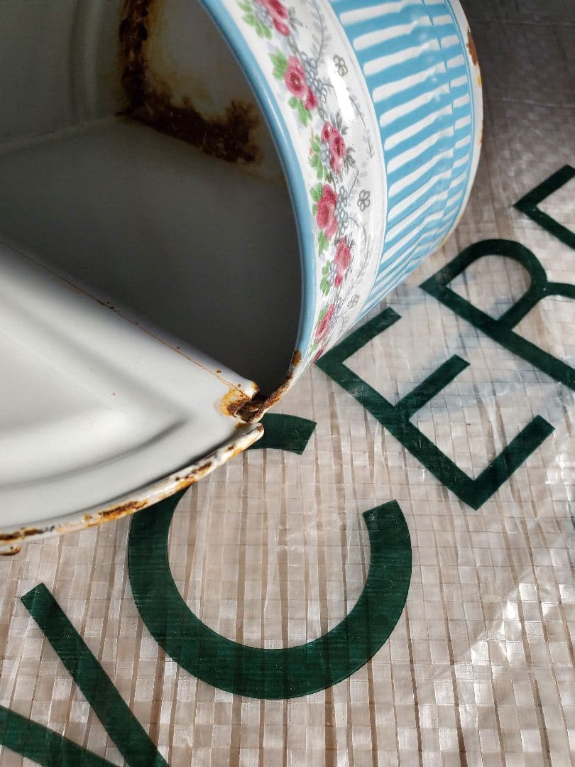 フランス　アンティーク　ホーロー　塩入れ　BB社　ローズガーランド