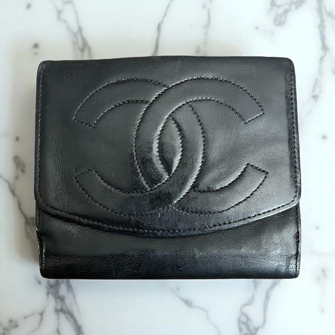 最終値下げCHANEL デカココマーク レザー 二つ折りブラック