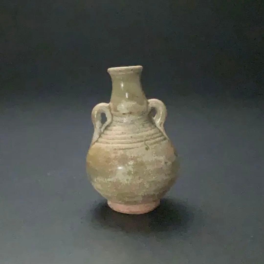 灰釉双耳小瓶　タイ　スンコロク　骨董　R1395ダM