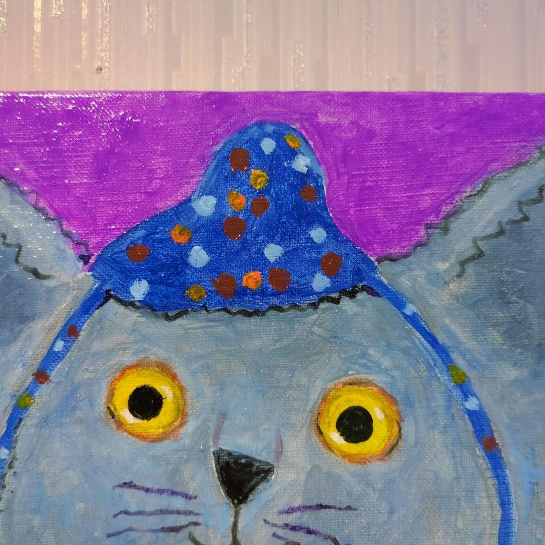 キャンバス油絵　専用　帽子と温かい服を着せてもらったにゃんこ