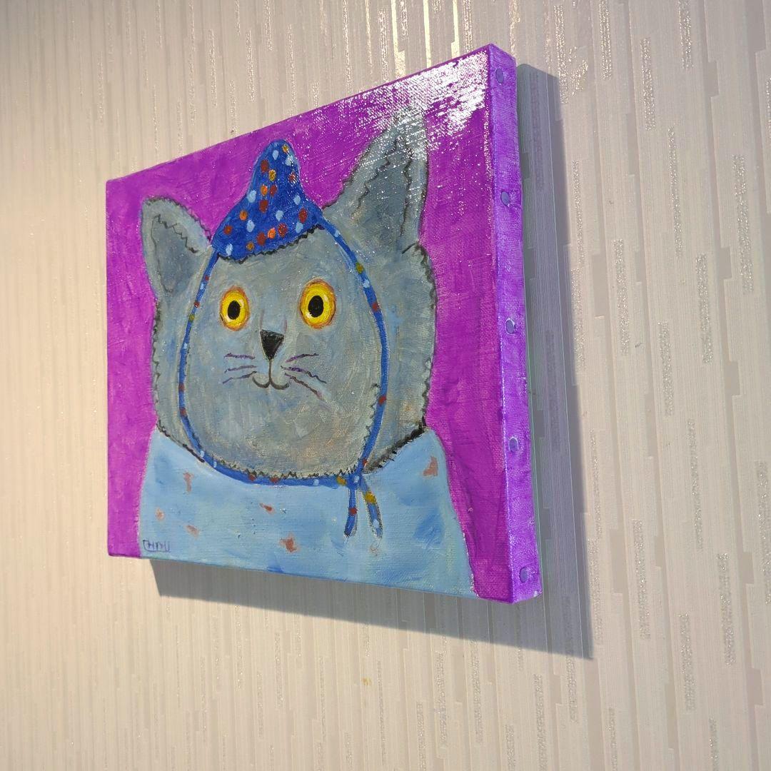 キャンバス油絵　専用　帽子と温かい服を着せてもらったにゃんこ