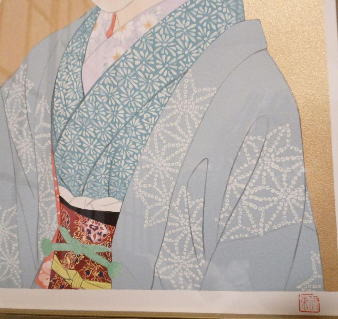 伊東深水リトグラフ（石版画)作品名夜會巻、1996頃出版額入り（アクリル)