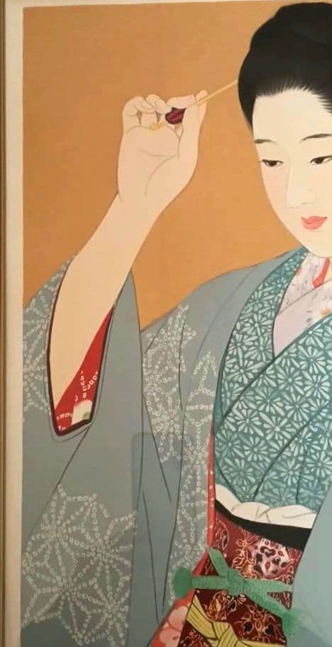 伊東深水リトグラフ（石版画)作品名夜會巻、1996頃出版額入り（アクリル)