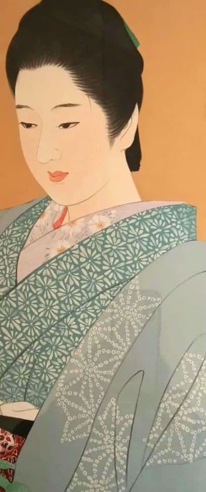 伊東深水リトグラフ（石版画)作品名夜會巻、1996頃出版額入り（アクリル)