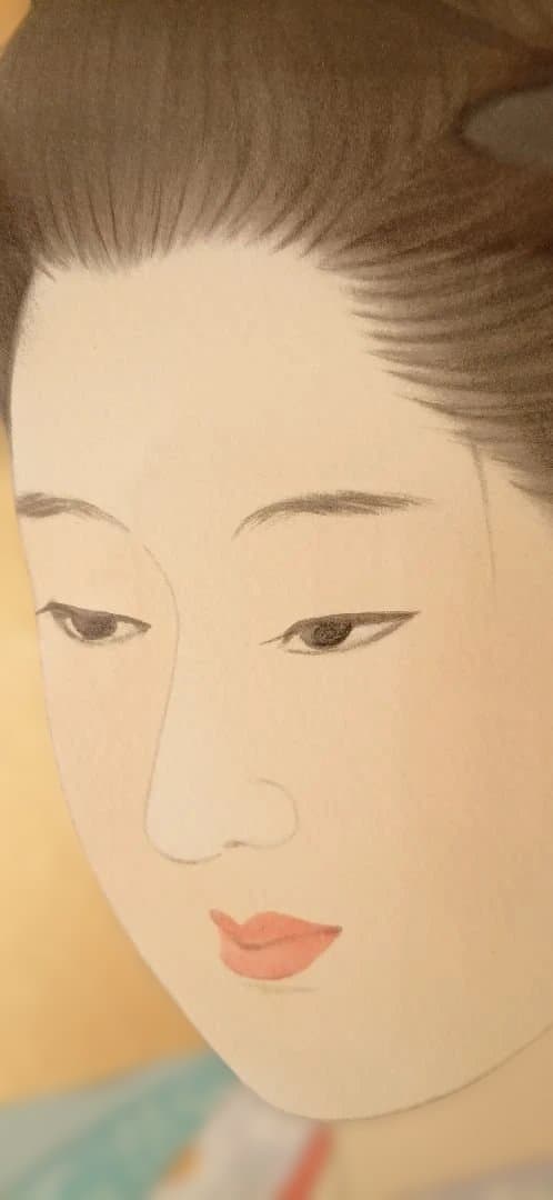 伊東深水リトグラフ（石版画)作品名夜會巻、1996頃出版額入り（アクリル)