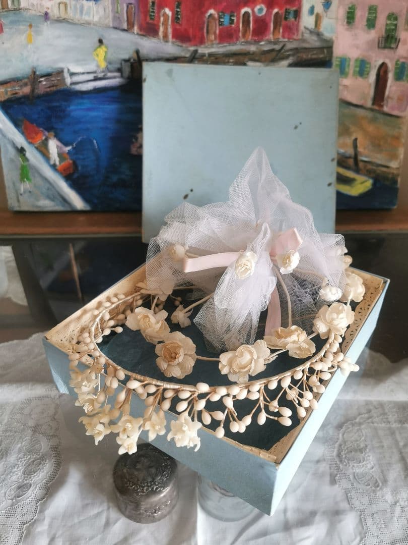 アンティーク ワックスフラワー＆布花冠ティアラ 薔薇ブーケ ブライダル３点セット