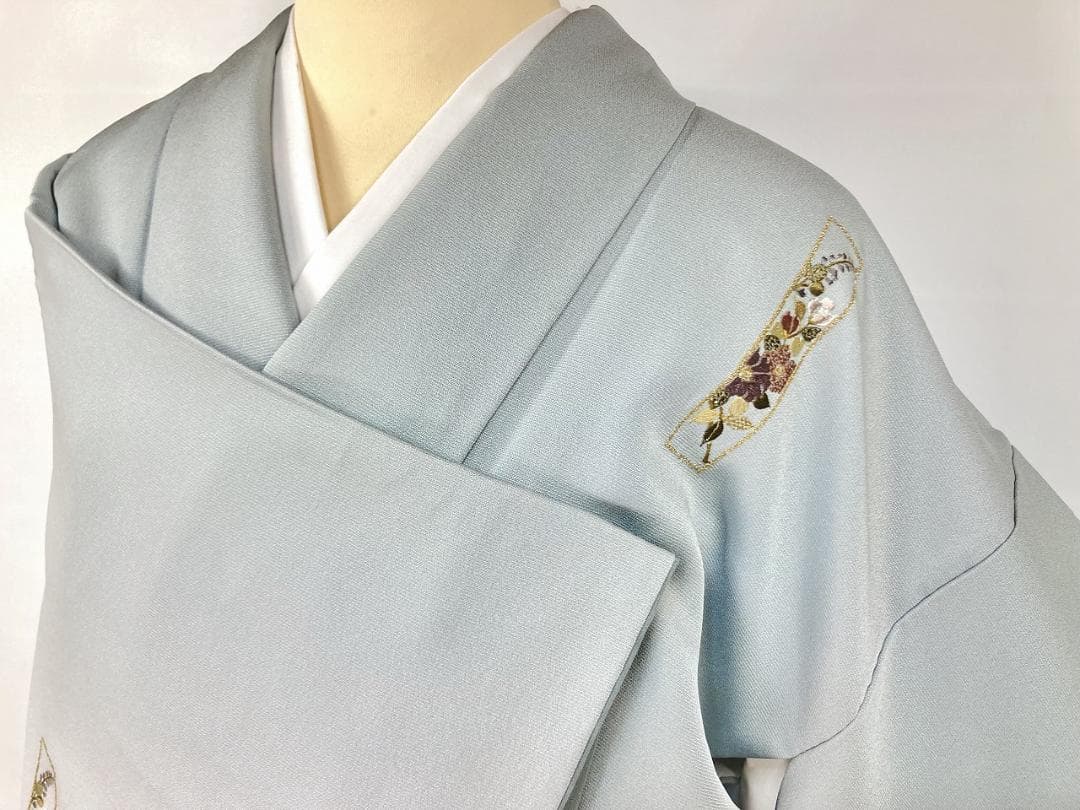 総刺繍 やまと誂製 熨斗 訪問着 袷 正絹 水色 グレー 紫 青 白藍 1395