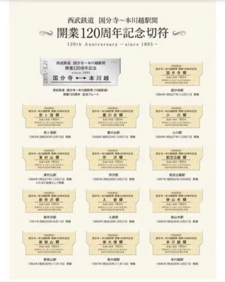 西武鉄道 国分寺～本川越駅間開業120周年記念切符
