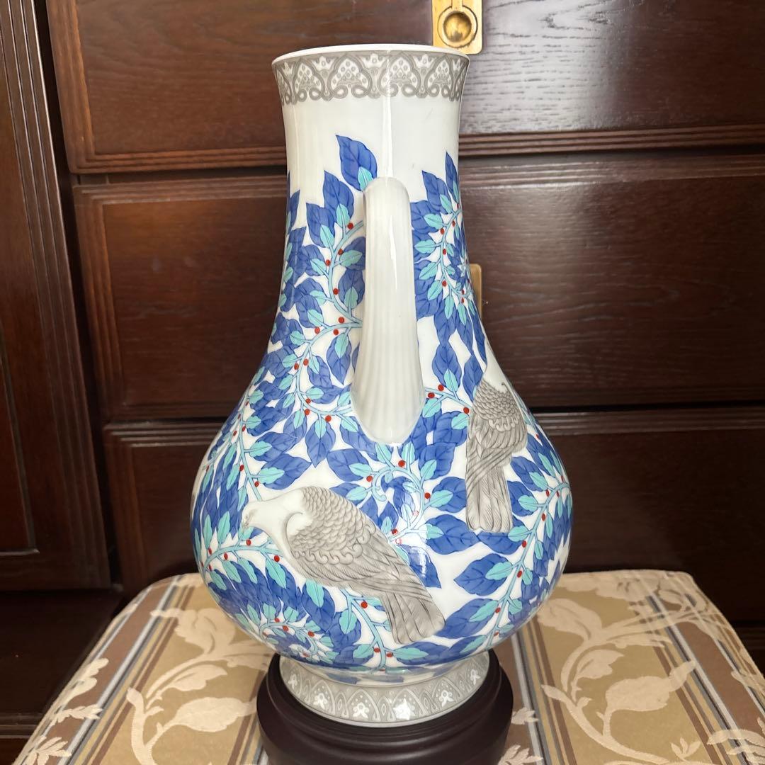 香蘭社　天皇陛下御在位六十年記念　月桂樹鳩環付花瓶