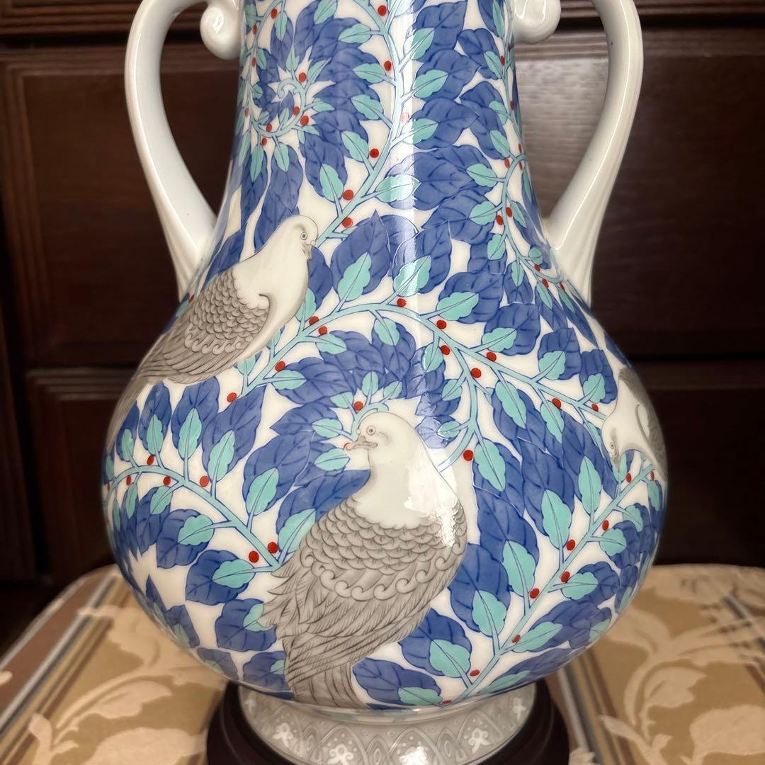 香蘭社　天皇陛下御在位六十年記念　月桂樹鳩環付花瓶