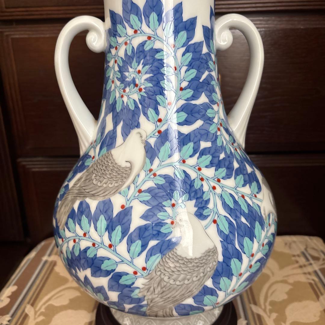 香蘭社　天皇陛下御在位六十年記念　月桂樹鳩環付花瓶