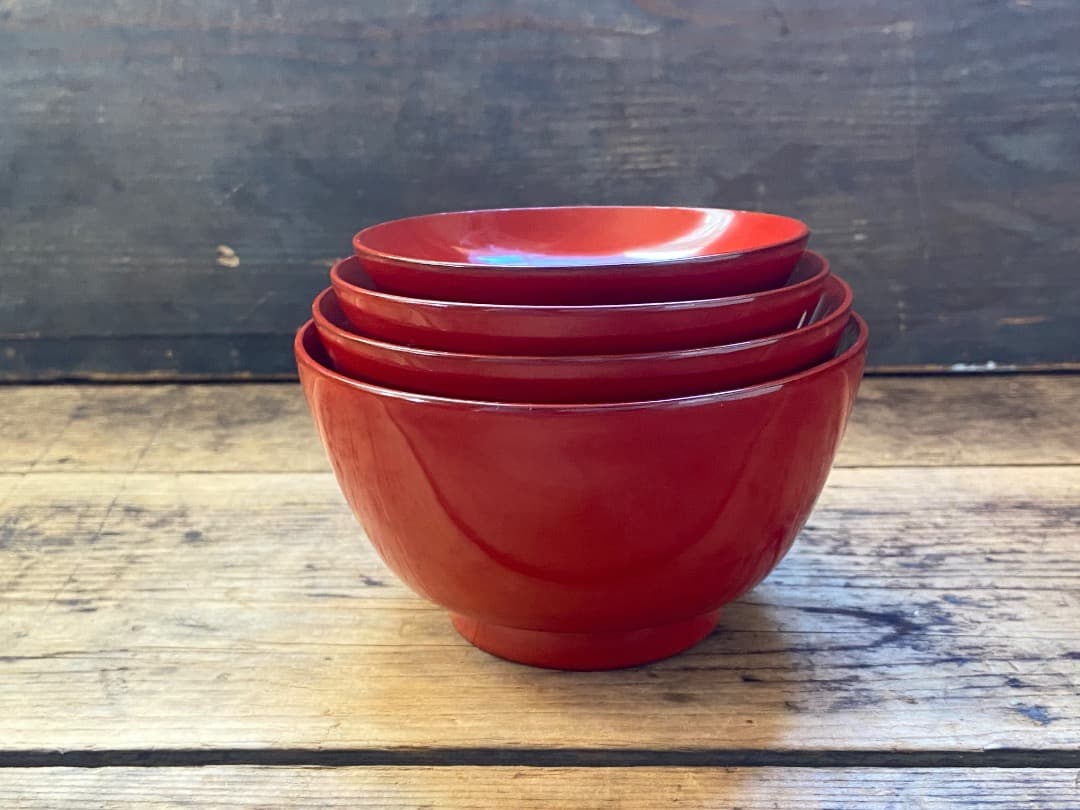 能登蔵出し 輪島塗 朱漆 入れ子 四つ椀 / 時代 朱塗 漆器椀 四つ組椀 正月