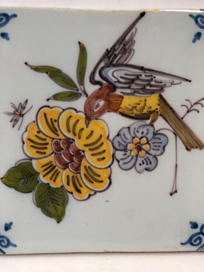 17世紀　オランダ　絵柄デルフトタイル　花鳥図　タイル