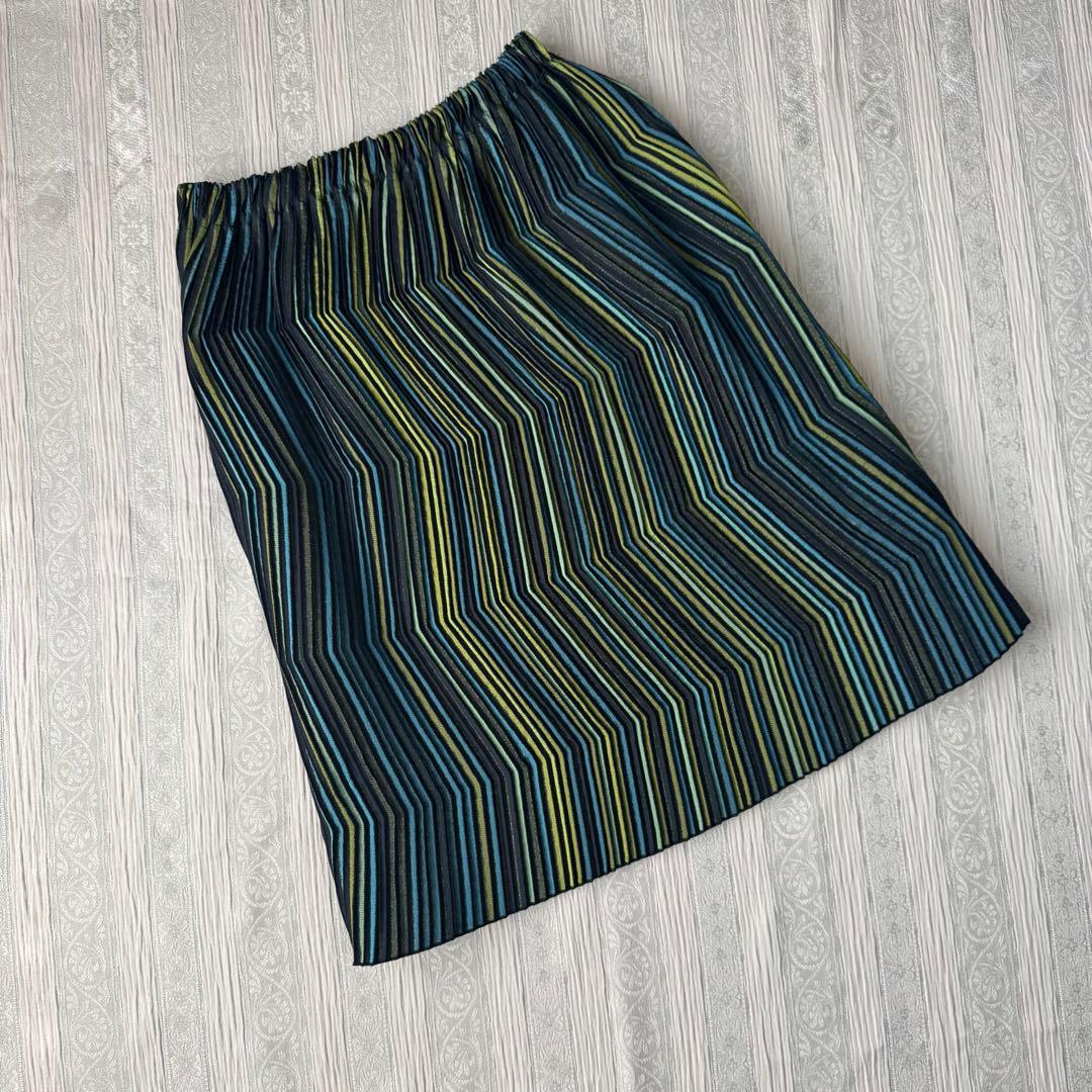 イッセイミヤケ プリーツスカート 青緑ストライプ