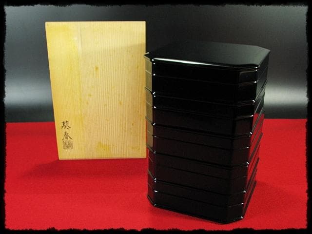 北村 葵春 真塗 縁高 黒真塗 菓子器 五段重箱 懐石 茶道具 共箱 f242