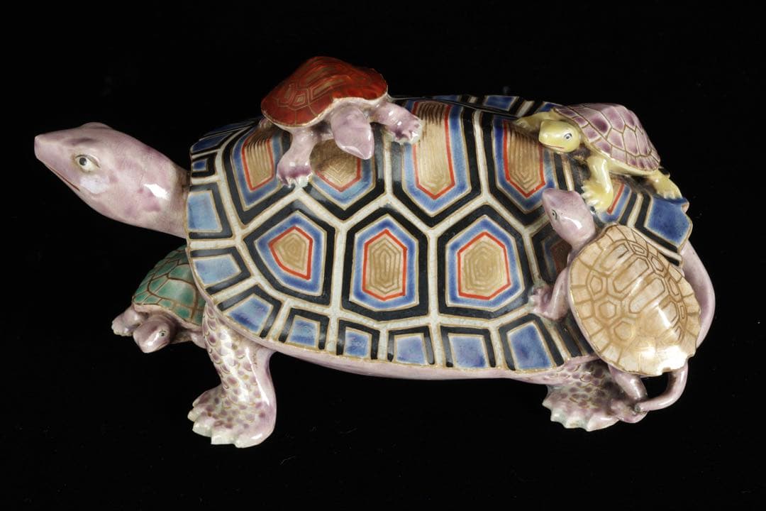 野々村仁清 在銘 色絵親子亀置物 共箱 京焼 細密造形 縁起物 古美術 骨董品