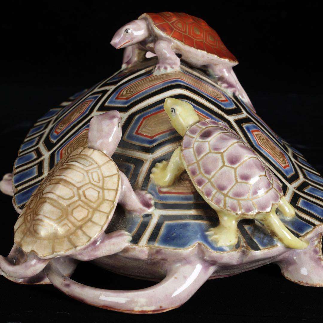 野々村仁清 在銘 色絵親子亀置物 共箱 京焼 細密造形 縁起物 古美術 骨董品