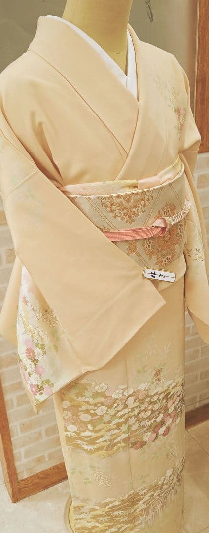 トールサイズ訪問着4点フルセット、着物、袋帯、帯締め、帯揚げ、 ベージュ系