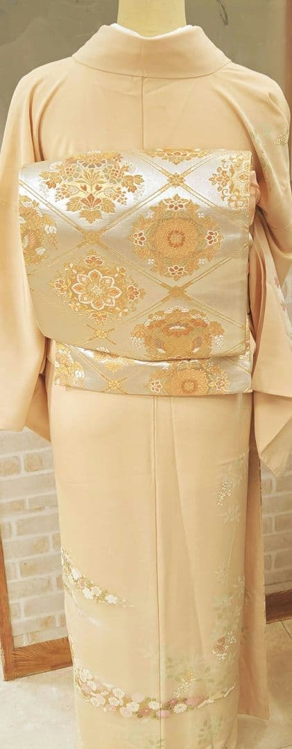 トールサイズ訪問着4点フルセット、着物、袋帯、帯締め、帯揚げ、 ベージュ系