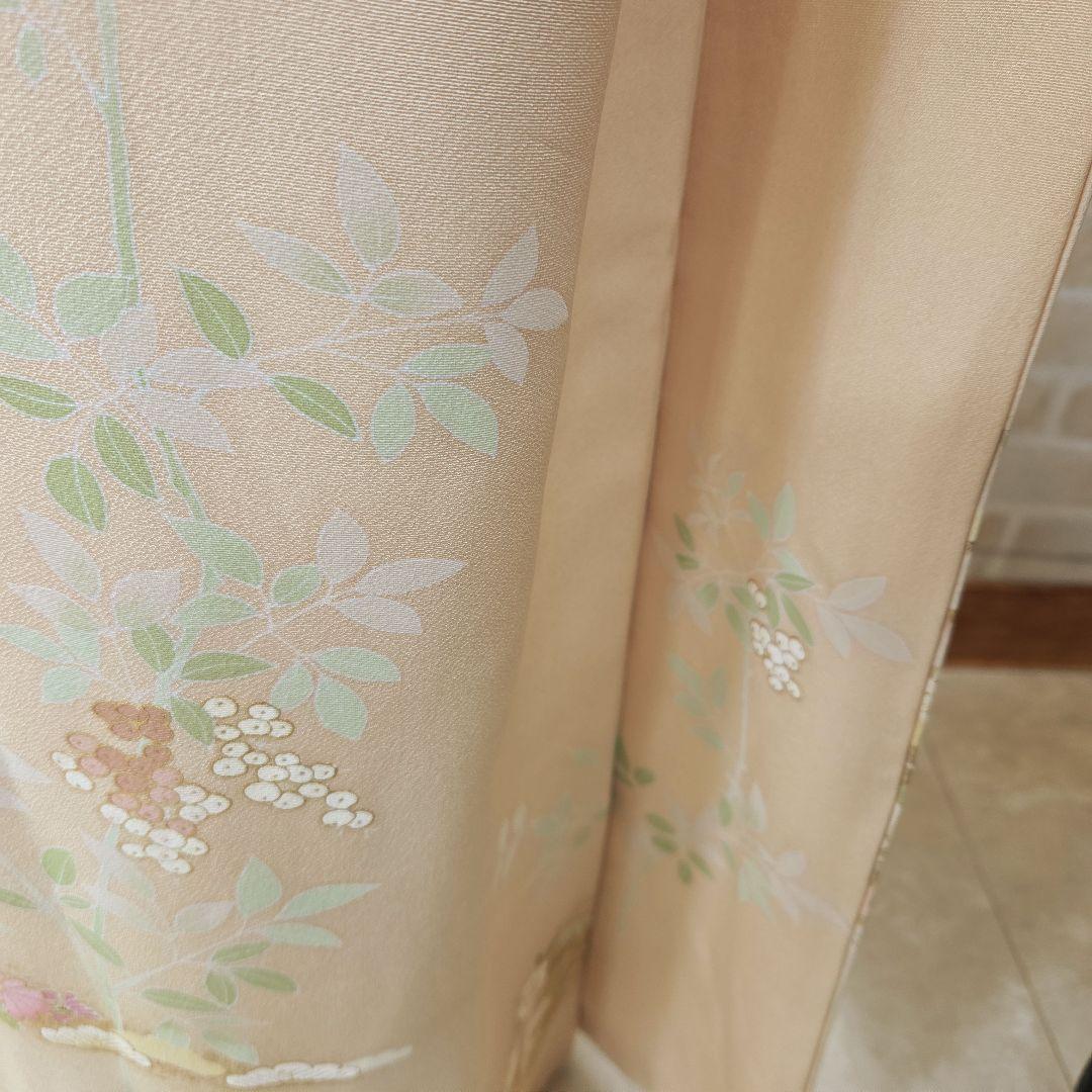 トールサイズ訪問着4点フルセット、着物、袋帯、帯締め、帯揚げ、 ベージュ系