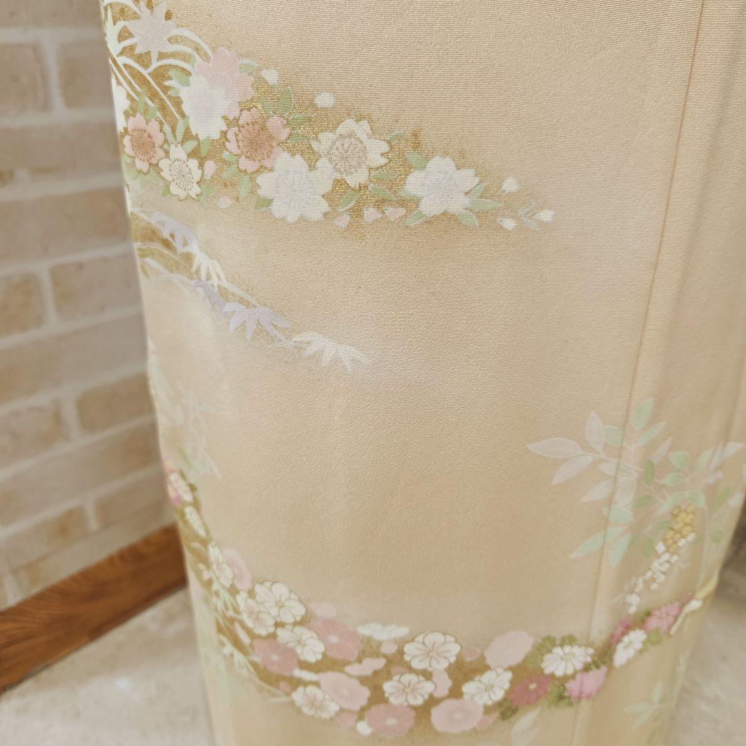 トールサイズ訪問着4点フルセット、着物、袋帯、帯締め、帯揚げ、 ベージュ系