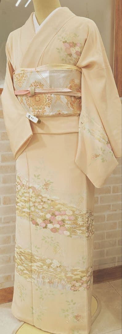 トールサイズ訪問着4点フルセット、着物、袋帯、帯締め、帯揚げ、 ベージュ系