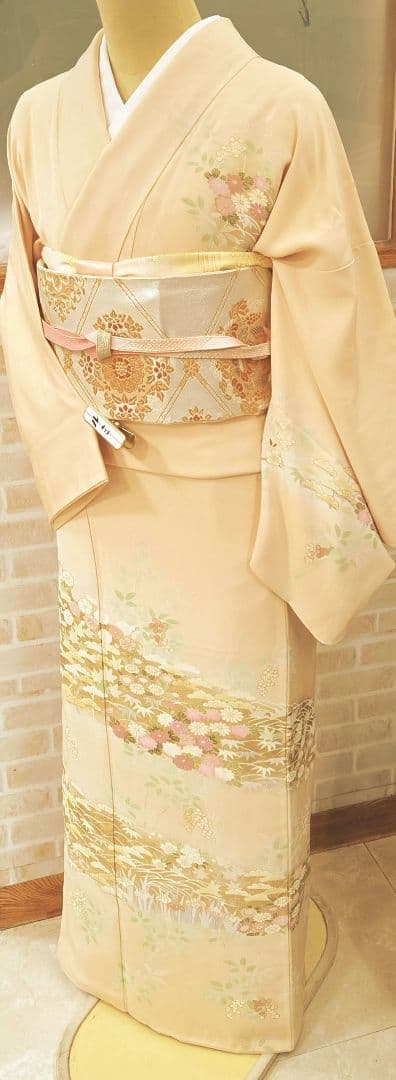 トールサイズ訪問着4点フルセット、着物、袋帯、帯締め、帯揚げ、 ベージュ系