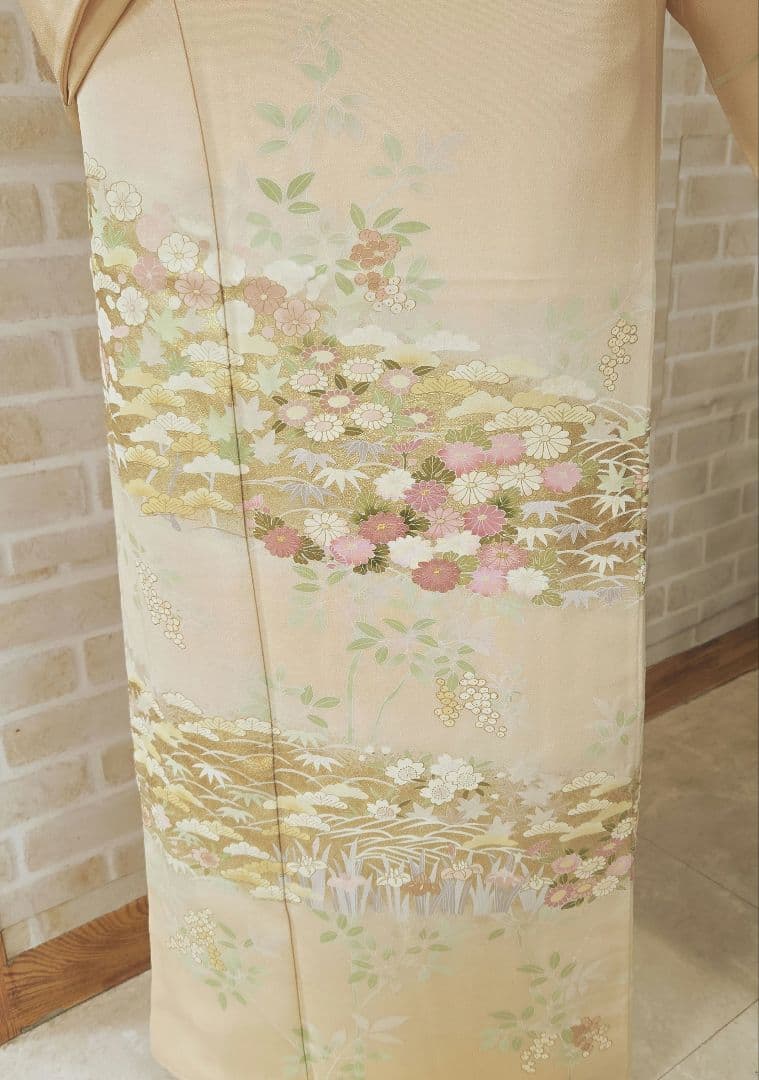 トールサイズ訪問着4点フルセット、着物、袋帯、帯締め、帯揚げ、 ベージュ系