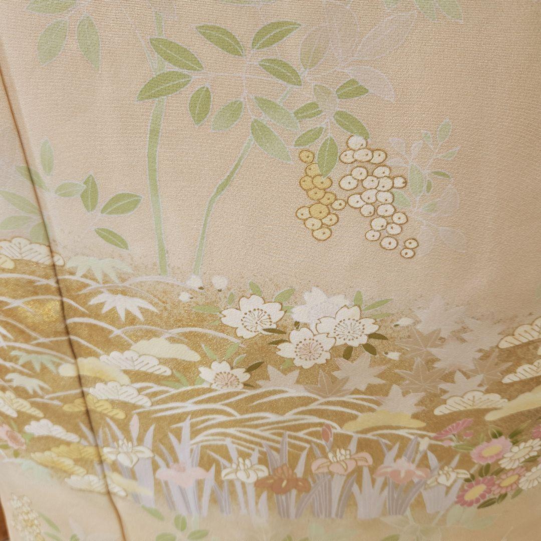 トールサイズ訪問着4点フルセット、着物、袋帯、帯締め、帯揚げ、 ベージュ系