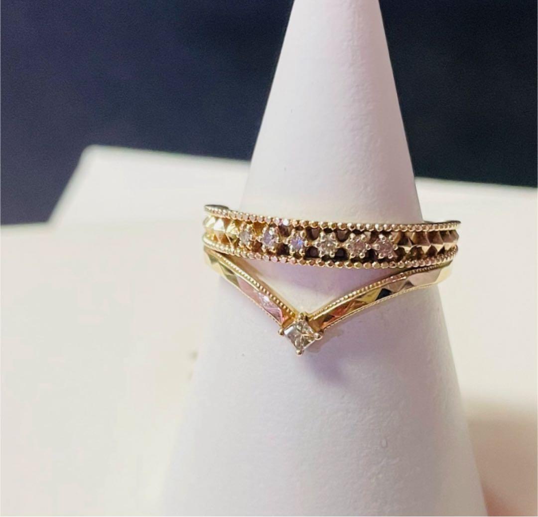 【NOJESS】K10スクエアカットダイヤモンドV字リング/0.05ct