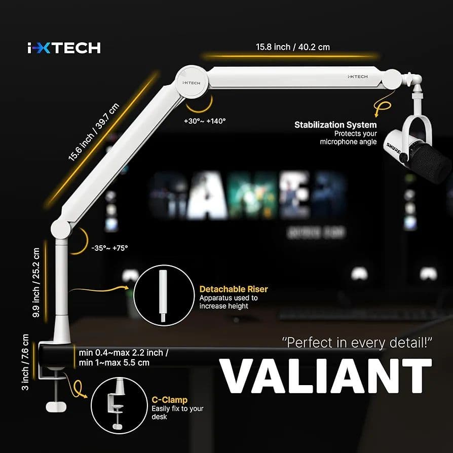 IXTECH マイクアーム ホワイト プレミアムブーム 360°回転 スタンド