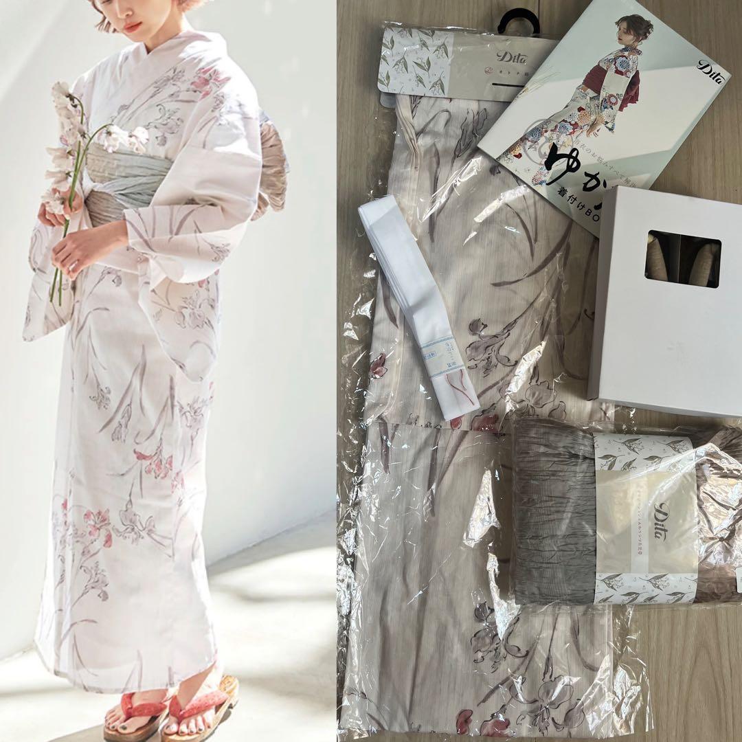 未使用　ディータ　浴衣　セット　花柄　ピンク　兵児帯　グラデーション　グレー