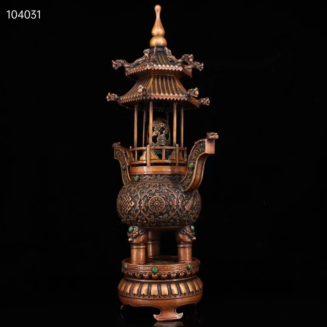 中国古美術·純銅製·純手作り·宝石をはめ込み塔形香炉·風水鎮宅·置物·細密彫