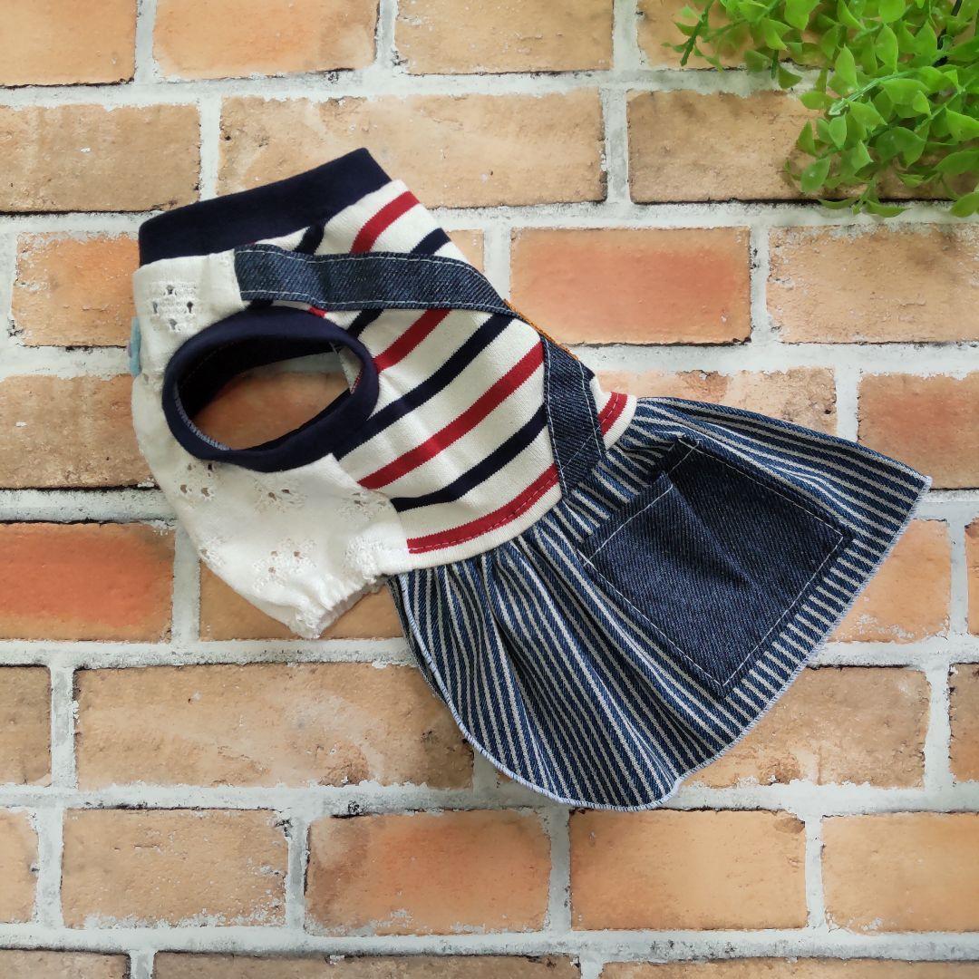 犬服 No.197 トリコロールボーダー×デニムワンピース ハンドメイド