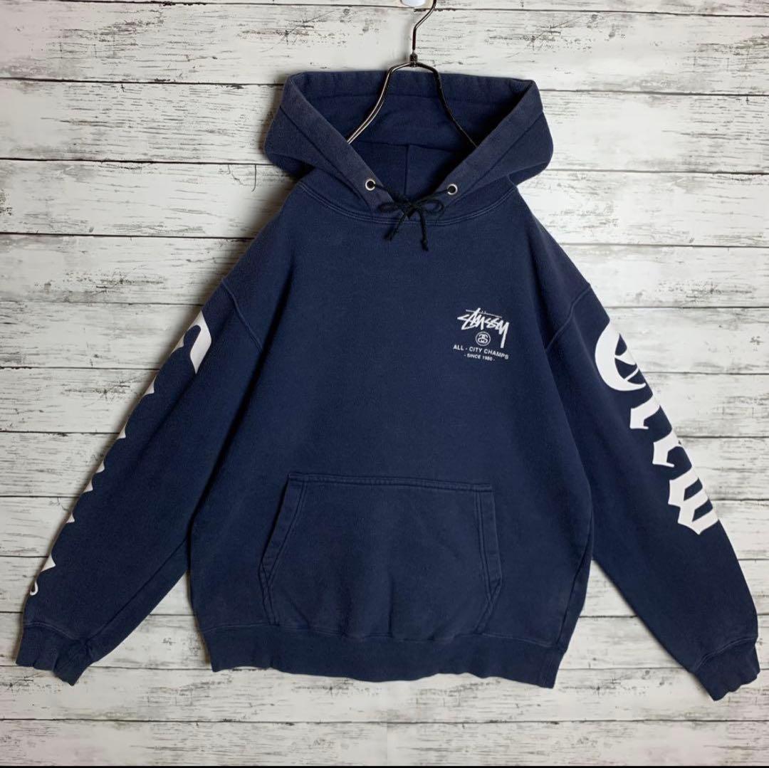 STUSSY◎紺白 袖ロゴ ストックロゴ パーカー ネイビー　古着