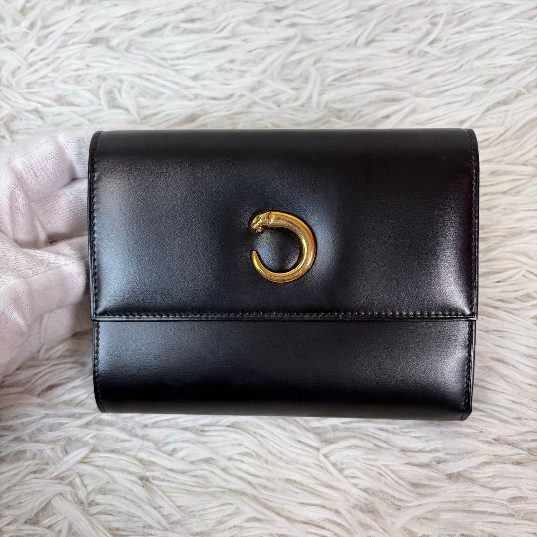 新品未使用品/付属品有✨Cartier 三つ折り 財布 パンテール　金具 黒
