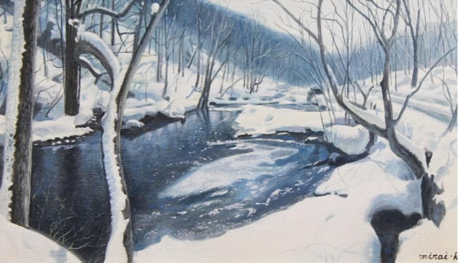 真作保証　川島未雷　「雪解け・奥入瀬」油彩　8号 　一点もの