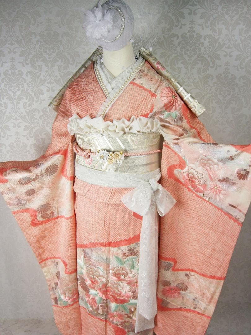 振袖フルセット　牡丹手刺繍と絞り染め　銀彩 やまと誂製　L7