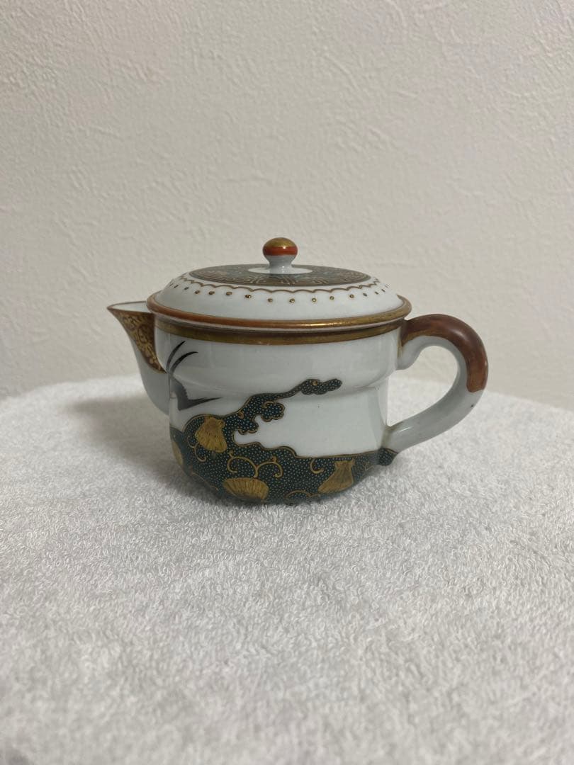 九谷焼 盛山作 錦襴手 急須 青粒金彩 骨董 古九谷