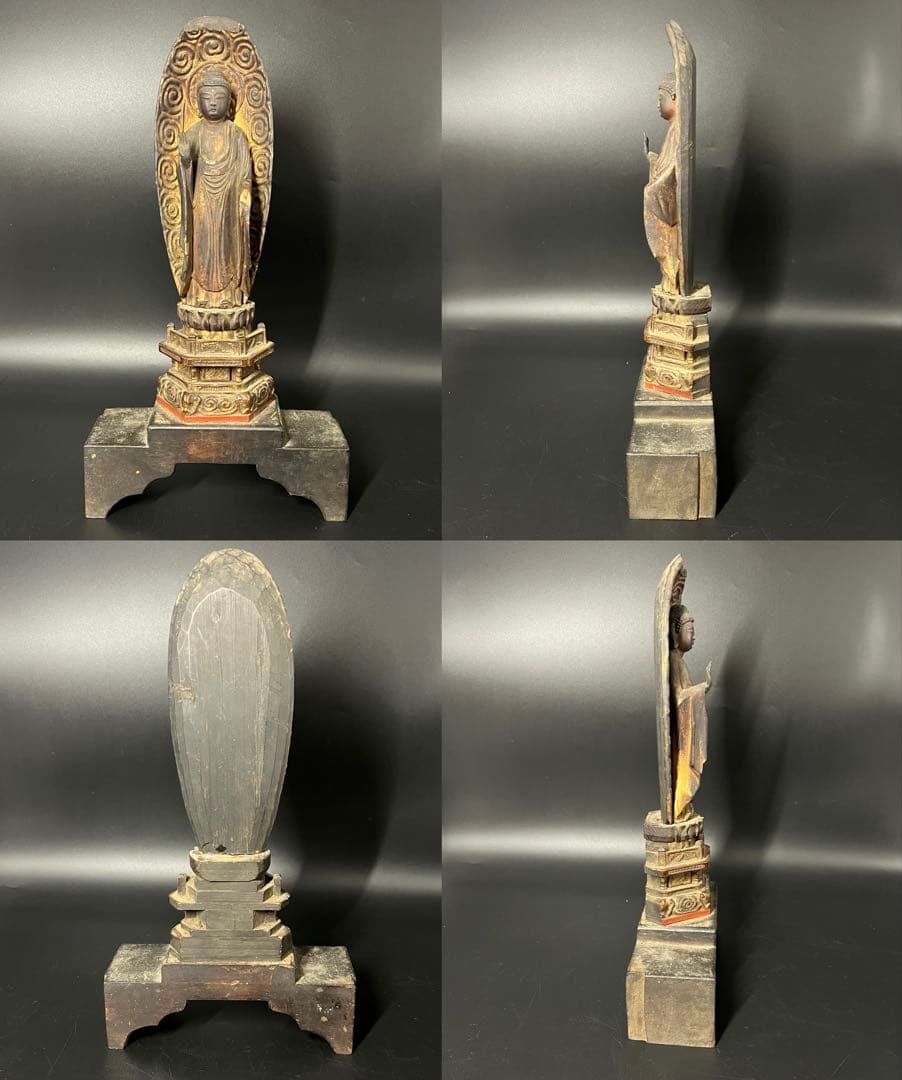 江戸時代後期 木彫 阿弥陀如来立像 仏像 舟形光背 古仏 仏教美術◎ 古美術庵々